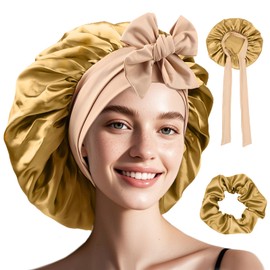 Shyllin Hair Sleeping Cap, Pack of 2 Hair Caps for the Night with Hair Elastic, Satin Hood for Sleeping, Suitable for Daily Care, Silk Hair Cap, Women's Sleep Cap, Hair Protection, gold