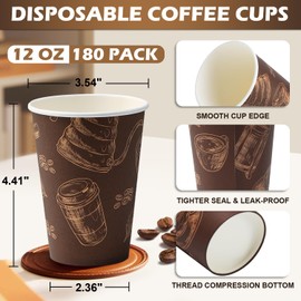 Huifany Coffee Cups 12 oz 180 Pack, Paper Cups 12 oz Disposable Coffee Cups Thickened Paper Coffee Cups, Brown Paper Cups Hot Cups for Office, Home, Party, Restaurants