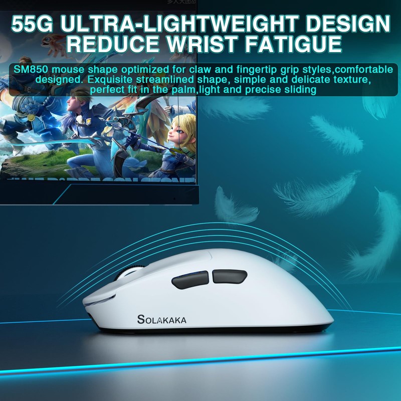 SOLAKAKA SM850 Wireless Gaming Mouse, 24000 DPI, 55g Lightweight Mouse