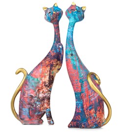 masteymoh Art Resin Sculpture Statue Cats 2 Pieces Two Oil Painting Cat Sculptures for Home Office Hotel Bookshelf Desktop Decoration 28 cm High