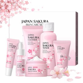 Sakura Skincare Set, Skin Care for Teenage Girls and Women, Gentle and Glow Skin Beauty Gift Set, 6-Piece Face Care Set, Cleansing Toner, Face Cream, Serum, Eye Serum, Sunscreen