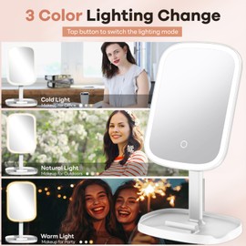 DYETUNY Makeup Mirror with Lights, Rechargeable Vanity Mirror with 3 Color Light, Adjustable Brightness, 360° Degree Rotation, Makeup Mirror for Beginners, Gifts for Women (White)