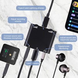 Lightning & Type-C Live Streaming Microphone Adapter with Charging Port - Mic Adapter for Podcast/Twitch/YouTube/TikTok Live Stream, 3.5mm Audio Jack & Real-Time Monitoring (iOS/Android/PC) (black)