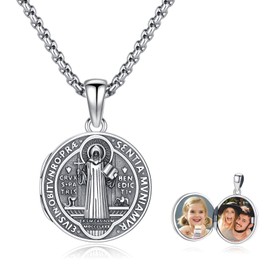 PARYFO St Benedict Necklace 925 Sterling Silver Saint Benedict Locket Pendant Necklace Religious Protector Necklace Retro Amulet St Benedict Picture Locket Medal for Men Christian Jewellery Men Women