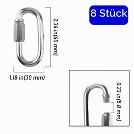 Zeonhei 8 pieces 6 mm chain connector, stainless steel, chain link carabiner