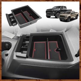 Muslogy Center Console Organizer Compatible with 2023 2024 Chevy Colorado/GMC Canyon Accessories, Interior Storage Box Coin Container Armrest Secondary Tray with Non-Slip Mat Fit with OEM Tray (Red)