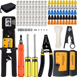 LEATBUY-TECH LEATBUY Network Tool Kit Set, Cable Tester Repair Tools Wire Stripping Cutter, Coax Crimper Plug Crimping, Punch Down RJ11 RJ45 Cat5 Cat6 Wire Data Detector Stripper (Orange), DRED-63S