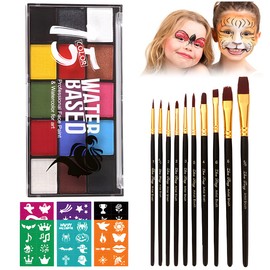 Face Painting Kit for Kids Adults, Water Activated Body Face Paint, Professional 15 Colors Water Based Facepaints Makeup Palette Includes 12 Pcs Brushes, Stencils, Non Toxic Sensitive Skin Paints