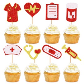 Cyodoos 24Pcs Nurse Cupcake Toppers Sparkling and shining Nursing School Graduation Cupcake Picks for Medical Rn Nurse Grad Themed Birthday Party Supplies Red