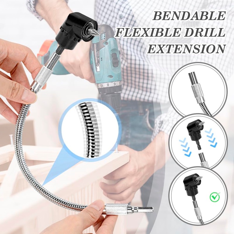 Flexible Drill Bit Extension and Right Angle Drill Attachment Set,