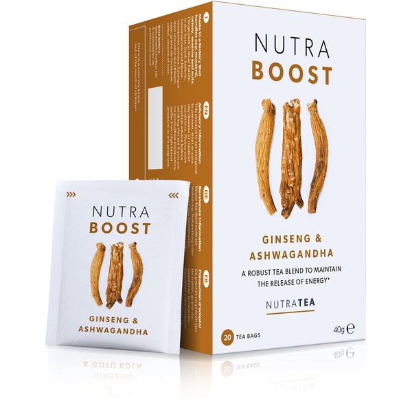 NUTRABOOST - Energy Tea | Focus Tea – Includes Astragalus, Ashwagandha & Gotu Kola - Naturally Caffeine-Free and Sugar-Free - 40 Enveloped Tea Bags - by Nutra Tea - Herbal Tea - (2 Pack)