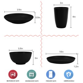 Wrova Wheat straw dinnerware set of 28 - Bowls and Plates Set for Dorm - Microwave and Dishwasher safe dish sets for kitchen,camping,indoors and out doors.Black