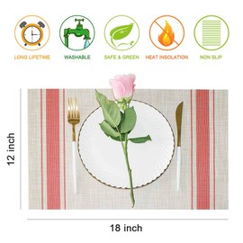 GIVERARE Juego de 4 manteles individuales de vinilo tela resistente al calor, manteles individuales de PVC antideslizantes y lavables, fáciles de limpiar, manteles de plástico de alta calidad para mesa de comedor, mesa de cocina (rayas rojas)