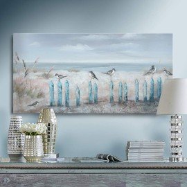 Ocean Beach Wall Art 3D Framed Hand-Painted Seascape Oil Painting Perching Bird Canvas Artwork 'The Tranquility by The Sea Shore' for Living Room Bedroom Décor Coastal Blue 16x32inch