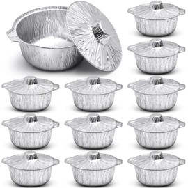 Ziliny 12 Pcs Disposable Aluminum Pot with Lid Round Foil Pans Disposable Cookware Food Container for Vacation Trips Camping Baking Heating Cooking (33.8 oz)