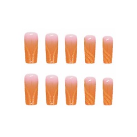 MISUD Press on Nails - Long Coffin Glue on Nails with Summer Orange, Acrylic Bling Glitter Design 24 pcs