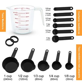 13 PCS Cucharas Medidoras y Tazas Medidoras, con Embudo Plegable (Negro) | Set de Tazas y Cucharas Medidoras con Mangos, Apilables, Herramientas de Medición de Cocina para Medir Líquidos y Condimento