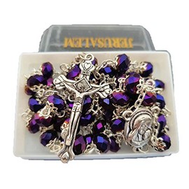 Jerusalem Deep Purple Crystal Double Crowned Beads Catholic Rosary Necklace in Gift Box