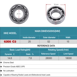 XiKe 2 x 6205 C3 ball bearings, 25 x 52 x 15 mm, open, chrome steel, suitable for DIY, car, motorcycles, ATV, transmission, engine, CNC, industry, agriculture, technology, garden machines.