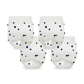 Gusto Buono 17.8oz Stemless Glasses, Set of 4 - Blue Amber Dots Design | Handcrafted, Heat-Resistant, Dishwasher & Microwave Safe | Stylish Glassware for Home, Parties & Gifts