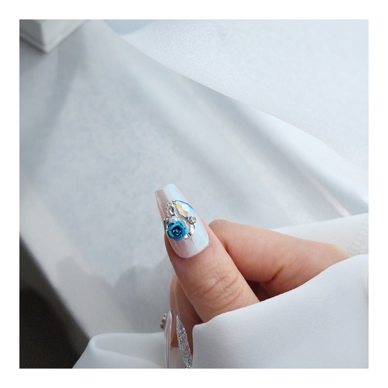 Blue Zircon Rose Handmade Nail Tips - Almond / 블루
