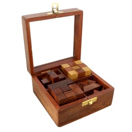 Ajuny 4 Puzzles in a Box - Wooden Brain Teaser Puzzles with Decorative Glass Lid Storage Box, 3D Puzzles for Adults and Kids, Educational Mind Game Ideal Home Decor Unique Gift