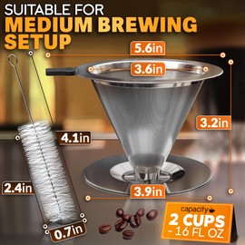 Stainless Steel Pour Over Coffee Maker - 3.18x4.48" Pour Over Coffee Dripper with Wide Secure Base, Large Plastic Handle, and Brush for Easy Cleaning – Ensures Well-Balanced, Clean Flavor