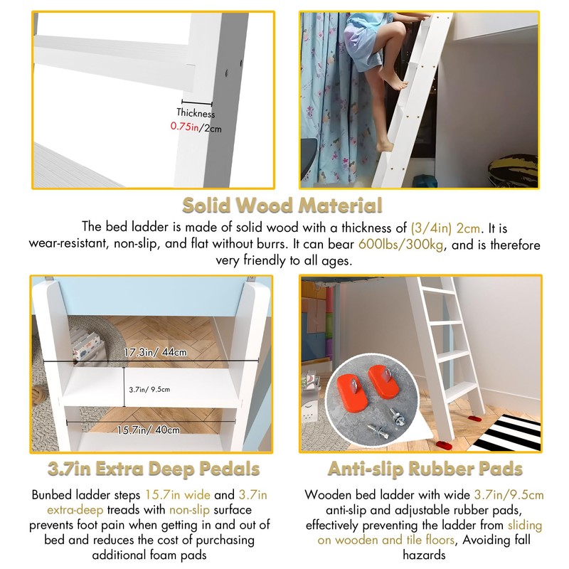 50" 55" 60" White Wood Bunk Bed Ladder, Lofted/Dorm/RV Bed