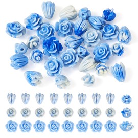 Sparkeads 30pcs Rose Shell Beads 7mm 8mm 10mm Blue Flower Beads Carved Jasmine Loose Spacer Beads Bulk for Jewelry DIY Friendship Bracelet Women Necklace Earring Craft Accessory Key Chain