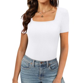Tops for Women Casual Summer 2024 Square Neck Tees Shirts Ribbed White M