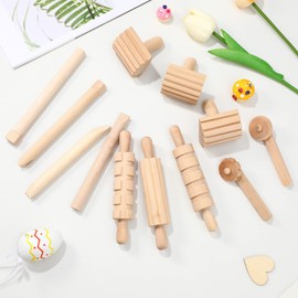 Kisangel 12pcs Wooden Dough Tools Clay Pattern Rolling Pin Set Dough Molding Shaping Tool for Art Craft Activity Supplies