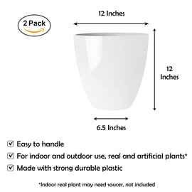 RUBBER BOND Plastic Plant Pots 2 Pack - Modern Indoor/Outdoor Planters for Home Decor - Weather-Resistant Large Flower Pots - Lightweight 12 Inches Tall Planters