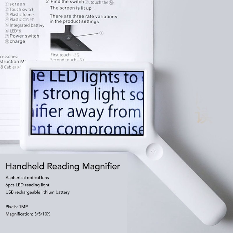 Handheld Reading Magnifier 3/5/10X 1MP 6 Light Chips USB Rechargeable