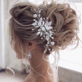 Jookocci Bridal Hair Vine - Silver Wedding Headpiece with Crystal Leaves & Pearl Flowers, Adjustable Bridal Hair Accessories for Women(Wedding/Photoshoot/Party)