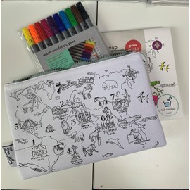 eatsleepdoodle World Map Pencil Case for Kids, with 10 Washable Markers for Kids, 8.5 x 6 inches, Animal Colouring Pencil Case for Kids