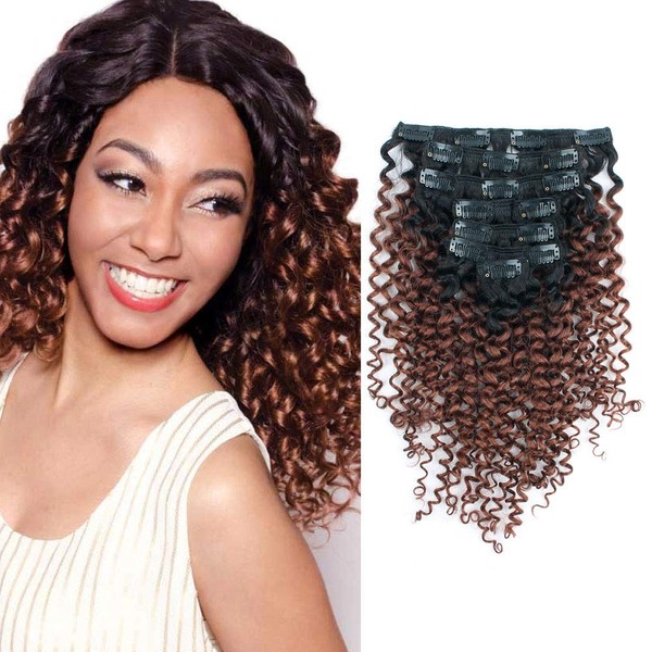 Lovrio 9A Grade 3A 3B Afro Jerry Curl Clip in Hair Extensions 100% Remy Virgin Human Hair Ombre Tone Natural Black Fading into Auburn Brown JCTN33 7 Pcs 16 Clips 120g 12"