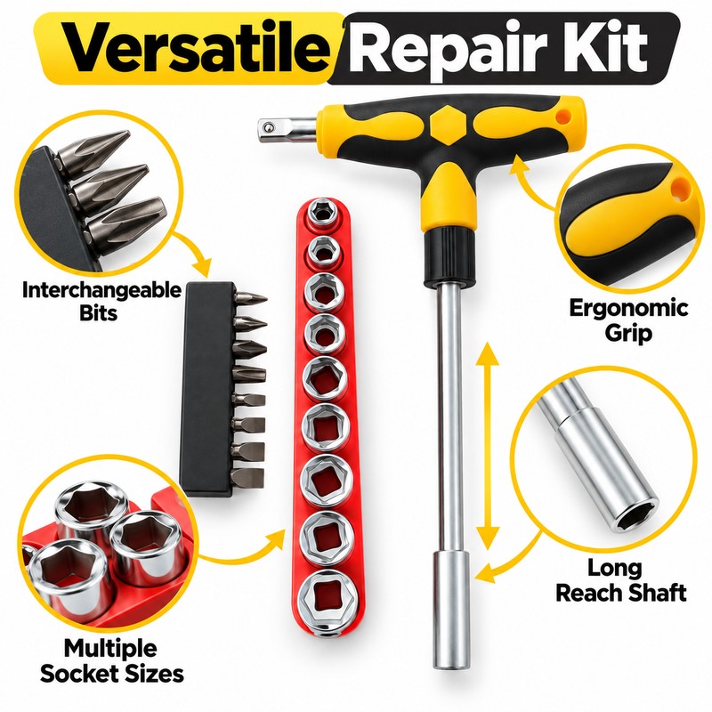Screwdriver Set with T-Shape Handle, Phillips, Slotted, Hexagon, Plum-Shaped Bits