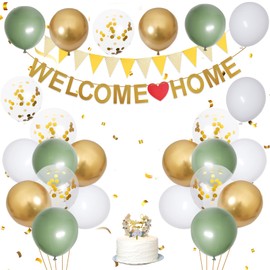 Hafuvool Sage Green Welcome Home Decorations, 12 Inch White Gold Welcome Home Banners Bunting Balloons and Cake Topper Set, Confetti Latex Balloons for Home Family Wedding Baby Shower Party Decorations
