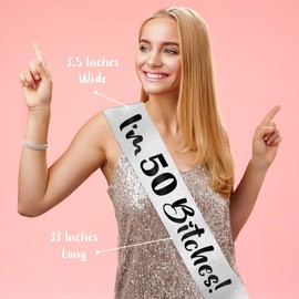 PartyForever 50th Birthday Decoration Sash I'm 50 es! for Women Silver 33.5 inch Long with Black Letters for Her