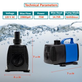 Aqua Dream 1981 GPH Submersible Water Pump Hydroponic Pump for Pond Aquarium Sump Fountain - Adjustable Amphibious Fish Tank Pump Ultra Quiet 75W 7500L/H for Indoor and Outdoor - 1 Pack