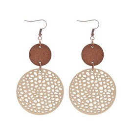 Vintage Hollow Out Geometric Wooden Leather Earrings for Women Lightweight Ethnic Teardrop Dangle Earrings Boho Statement Jewelry-khaki round