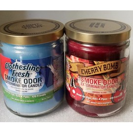 Smoke Odor Exterminator 13 oz Jar Candles Assortment Two Fragrances Bundle Clothesline Fresh/Cherry Bomb.