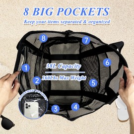 Yunaeduo Extra Large Mesh Beach Bag - Lightweight & Foldable Family Beach Bag with 9 Pockets for Toys, Towels & Vacation Essentials - Black