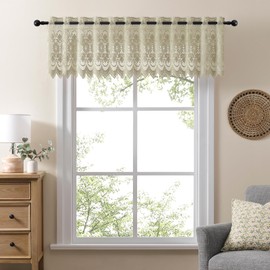 Boho Valance for Kitchen Window Light Filtering Eyelet Crochet Valance Curtain Tier for Cafe Decor Vintage French Rustic Farmhouse Bohemian Decor Wall Hanging for Bathroom 1 Panel, W50xL16 Khaki