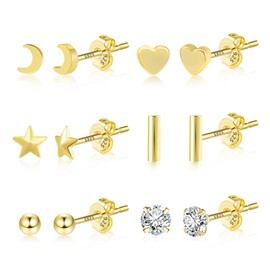 ASH'S CHOICE Gold Stud Earrings For Women, 6 Pairs Multipack 9ct Gold Stud Earrings Set 14k Goldplated Stud Earrings Moon Star Heart Ball Studs Earrings Small Sleeper Cartilage Stud Earrings