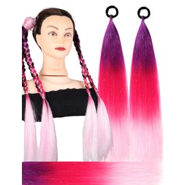 Ponytail Extension 18 inch Dark Purple to Red to Pink Colored Hair Extensions for Braiding Ombre Pony Tail Hair Extensions for Braids with Hair Tie Rave Crazy Hair Day 2 Packs