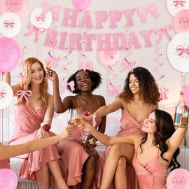 Pink Bow Birthday Decorations Set - Coquette Theme Party Supplies with Happy Birthday Banner Garland, Hanging Swirls, Bow Balloons for Women Pink Party Decorations Supplies