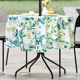UMINEUX Outdoor Tablecloth with Umbrella Hole and Zipper, Spring/Summer Waterproof Table Cover for Picnic/BBQ/Garden(60" Round,Green Butterfly)