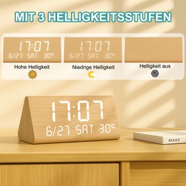 VORRINC Digital Wooden Alarm Clock with 2 Alarms/Date/Weekday/Temperature Display, Adjustable Brightness & Volume, Alarm Clock with Power Connection and 2 USB Charging Ports for Home and Office