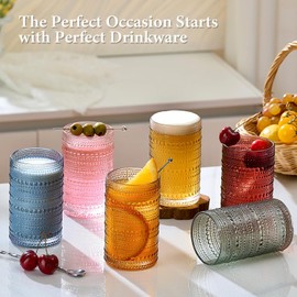 Mfacoy Colored Hobnail Drinking Glasses Set of 6, 12oz Vintage Kitchen Glassware, Embossed Beaded Glass Cups, Water Glasses, Beaded Colorful Water Tumbler for Cocktail, Juice and Various Mixed Drinks